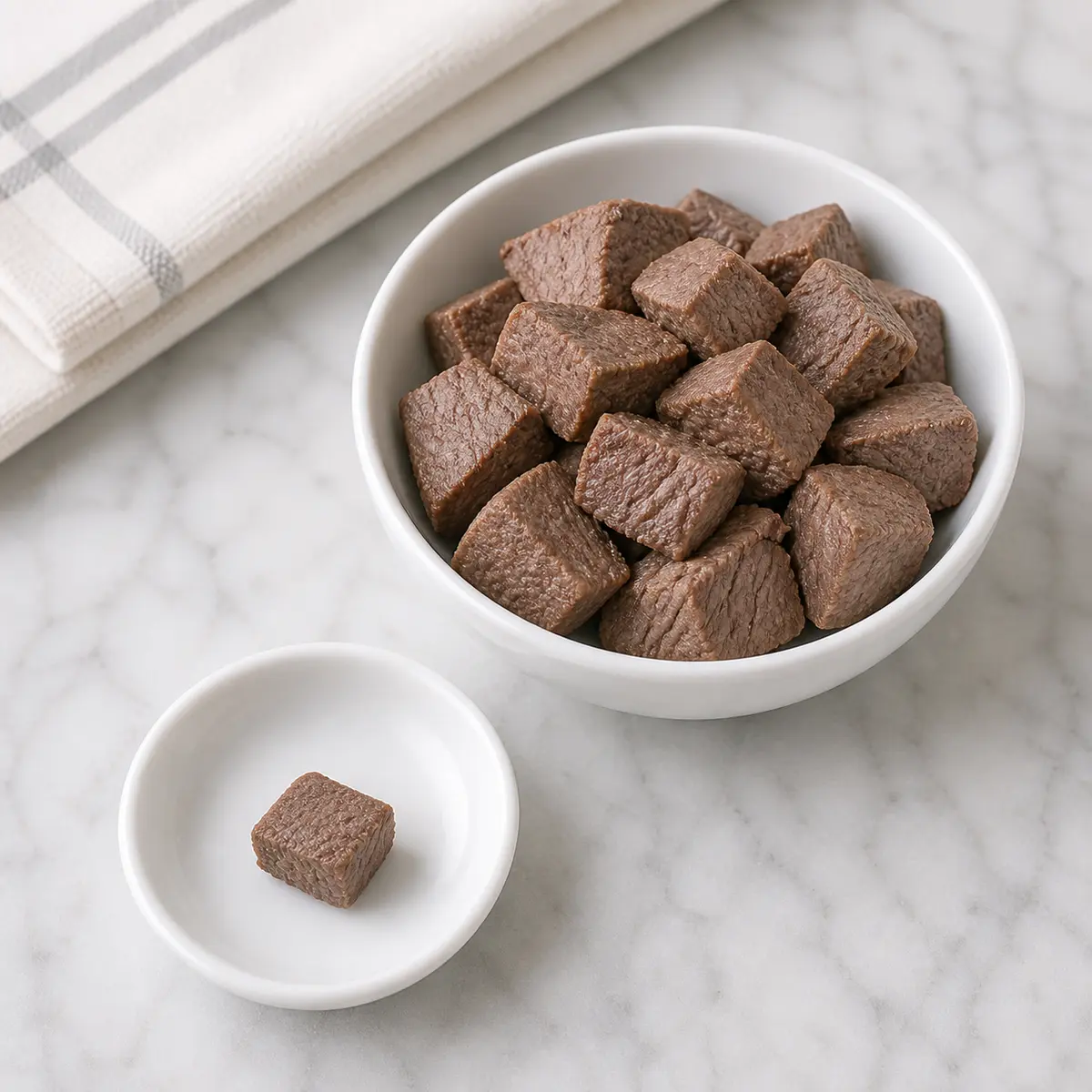 Plain cooked venison pieces with one tiny cat-size bite on a saucer