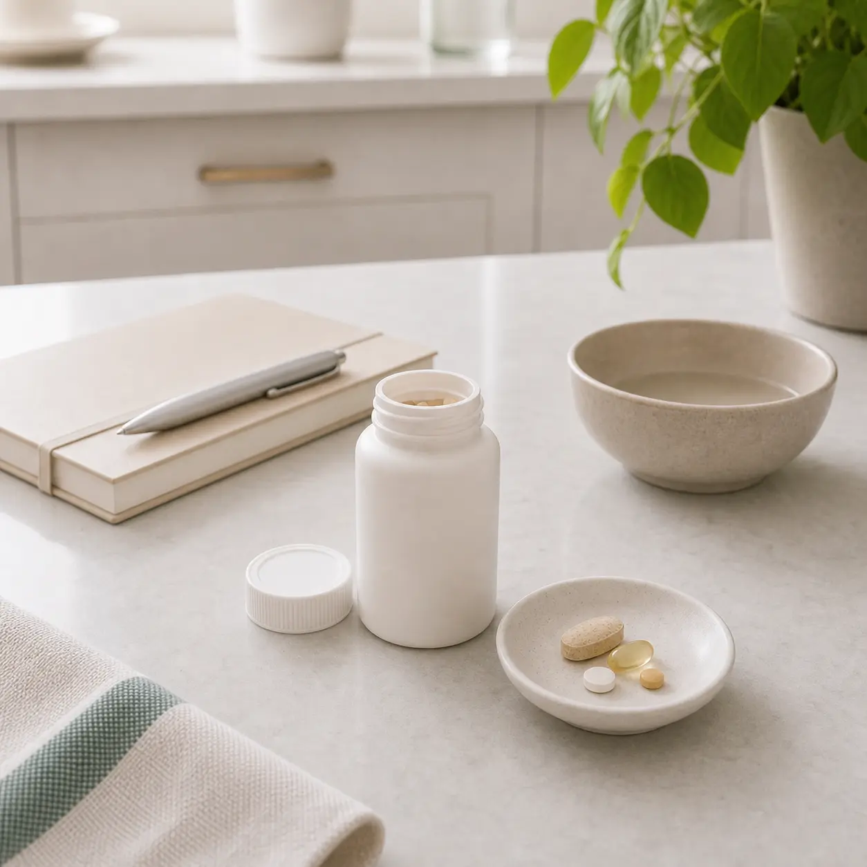 Open vitamin bottle with tablets on a small saucer