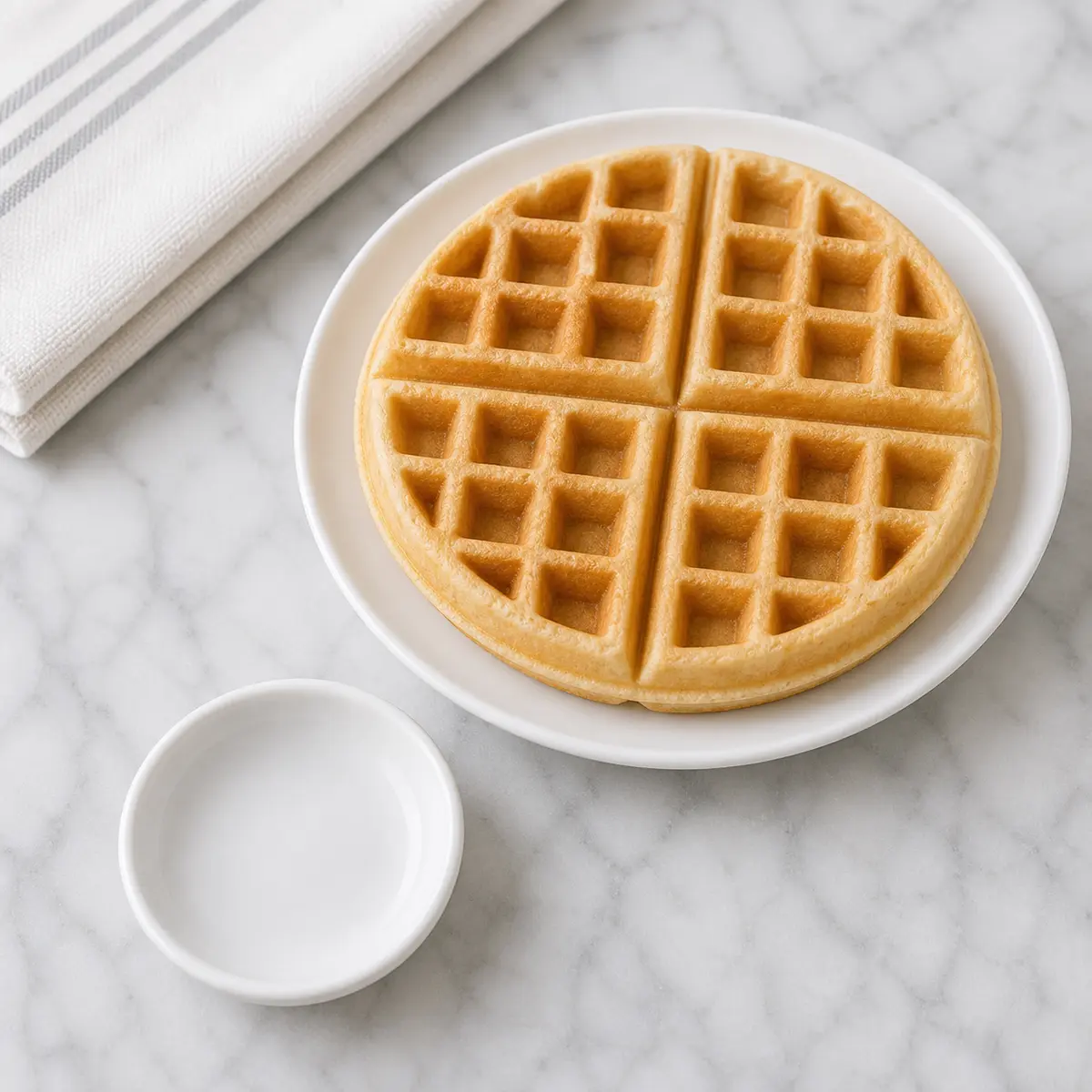 Plain waffle beside an empty cat treat saucer