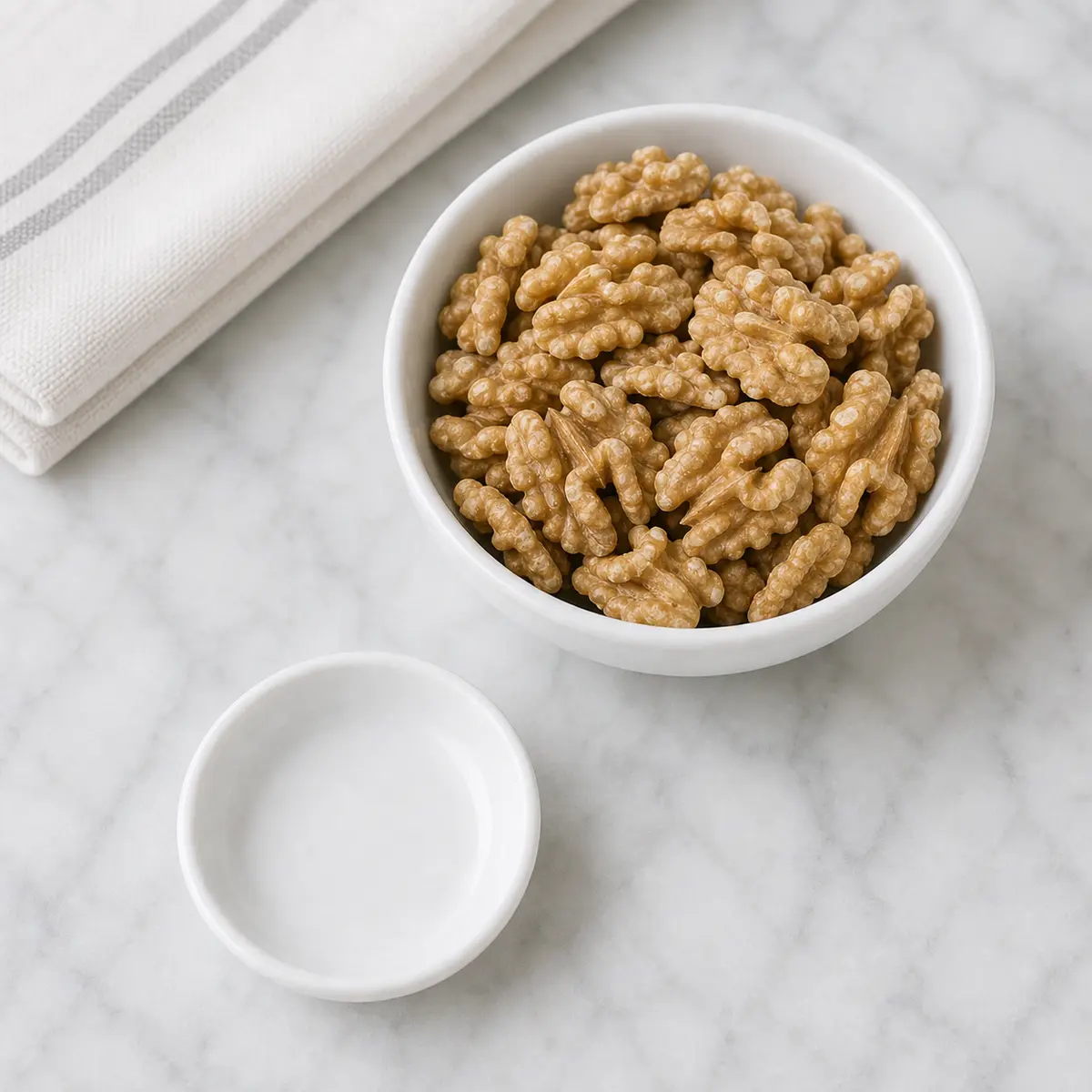 Walnuts beside an empty cat treat saucer