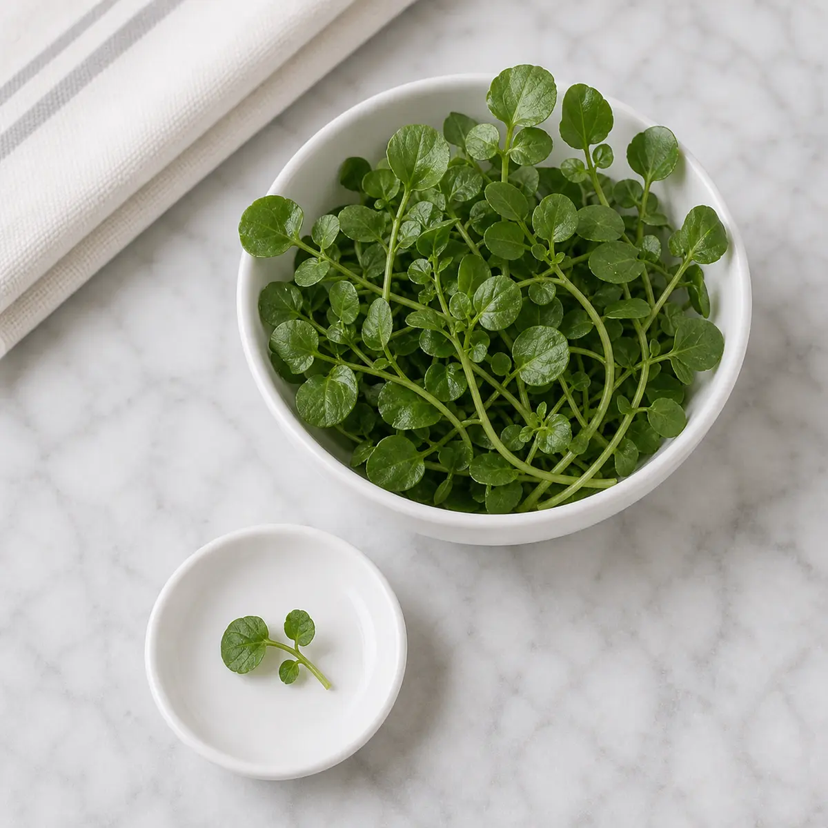 Fresh watercress with one tiny leaf piece on a saucer