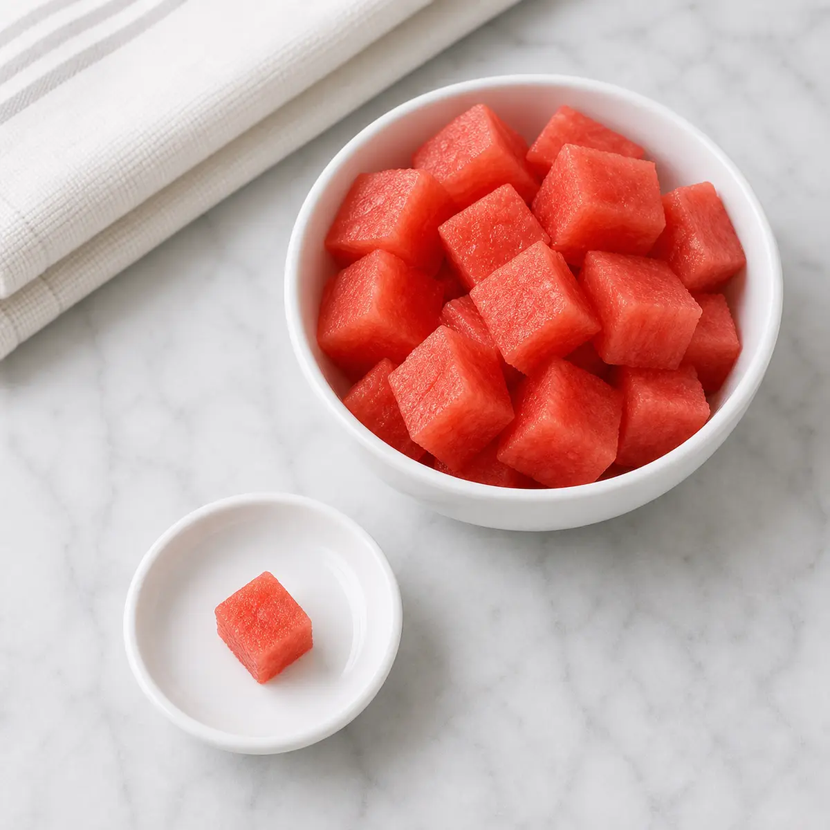 Seedless watermelon cubes with one tiny rind-free piece on a saucer