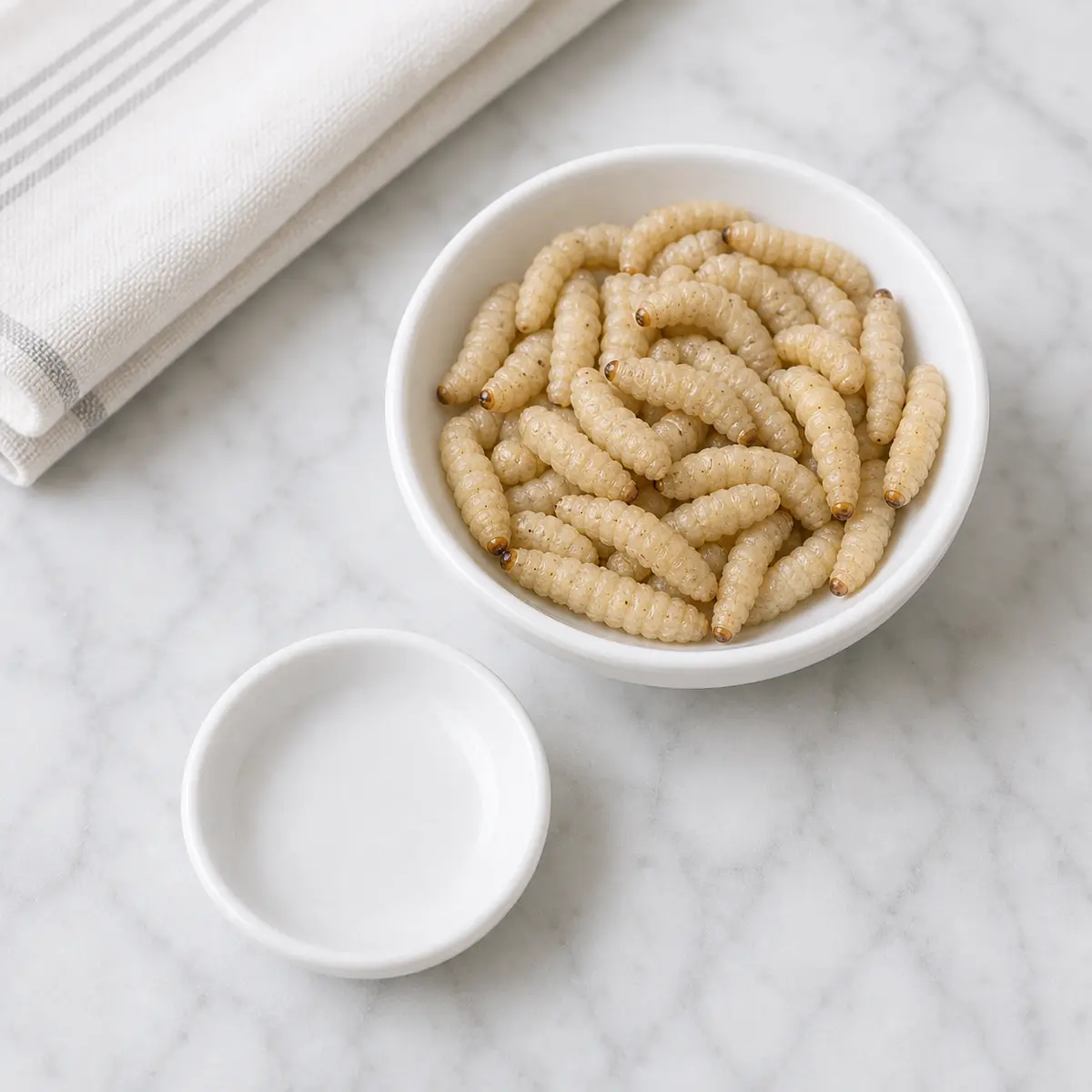 Waxworms beside an empty cat treat saucer