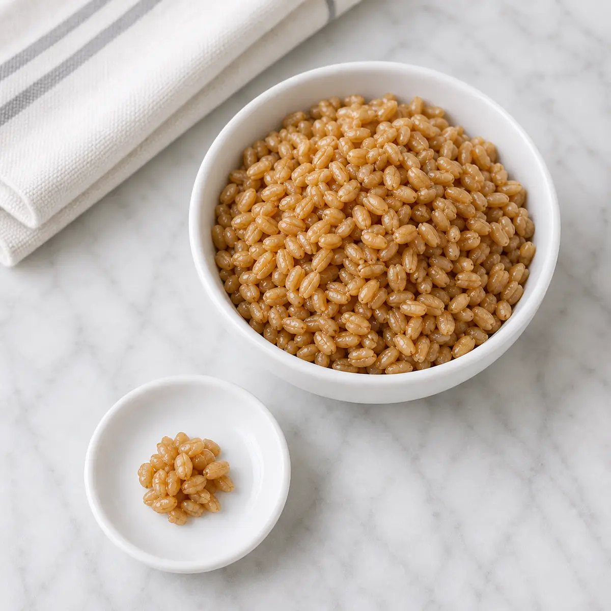 Plain cooked wheat berries with a tiny cat-size spoonful on a saucer