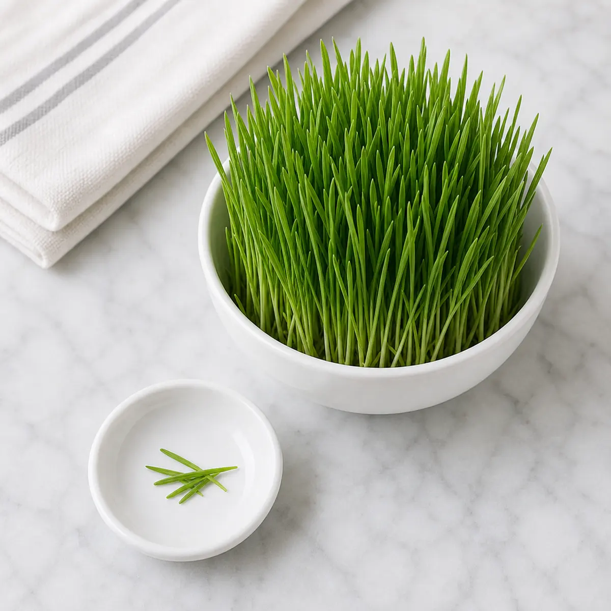 Fresh wheatgrass with a few tiny blades on a saucer