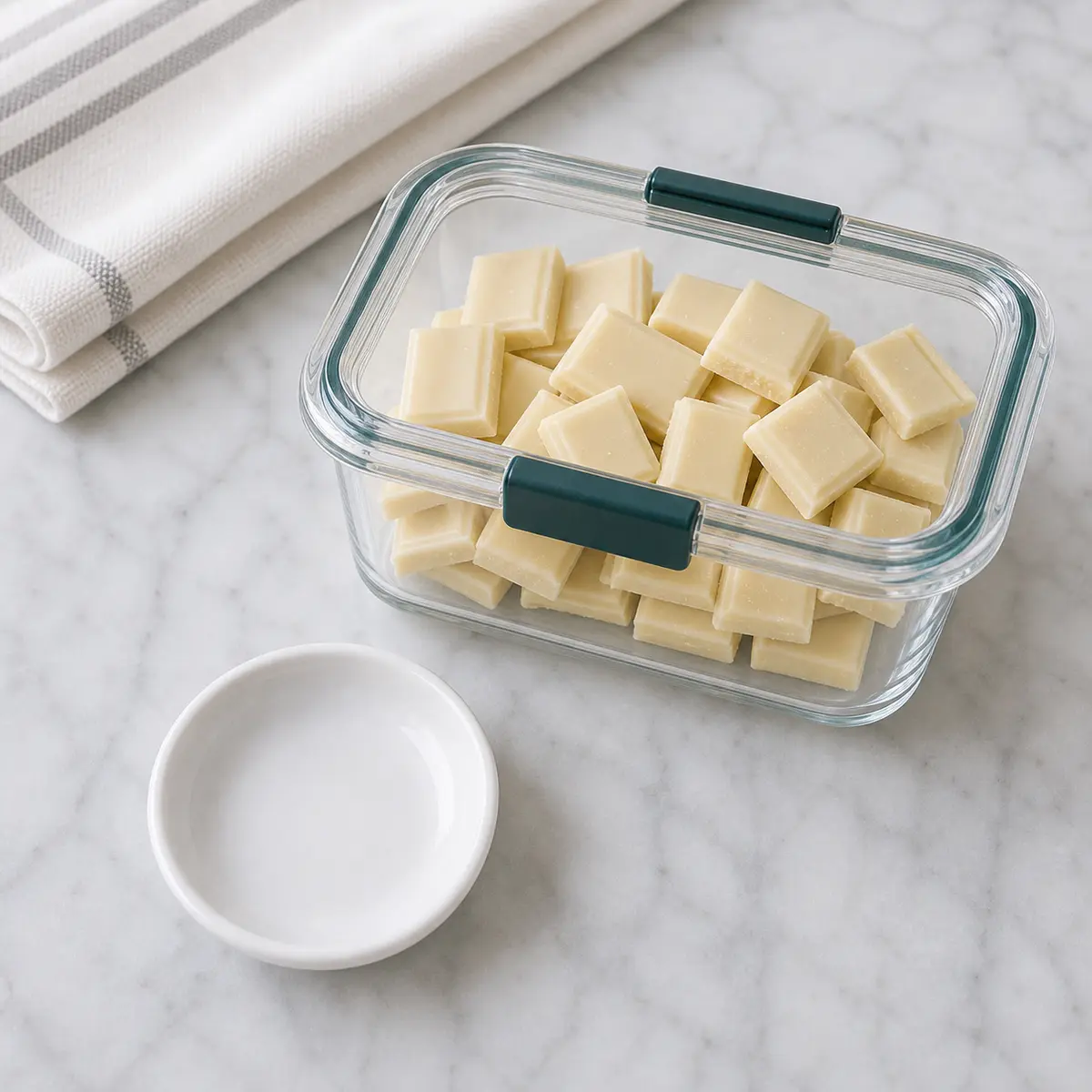 White chocolate secured in a container beside an empty cat treat saucer