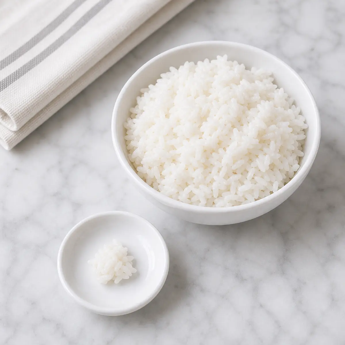 Plain cooked white rice with a tiny spoonful on a saucer