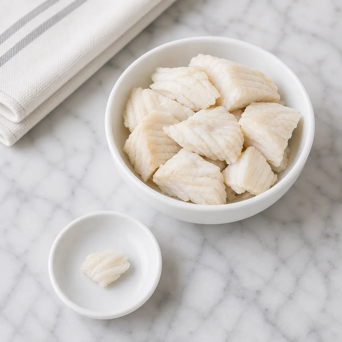 Plain cooked whitefish with one tiny boneless flake on a saucer