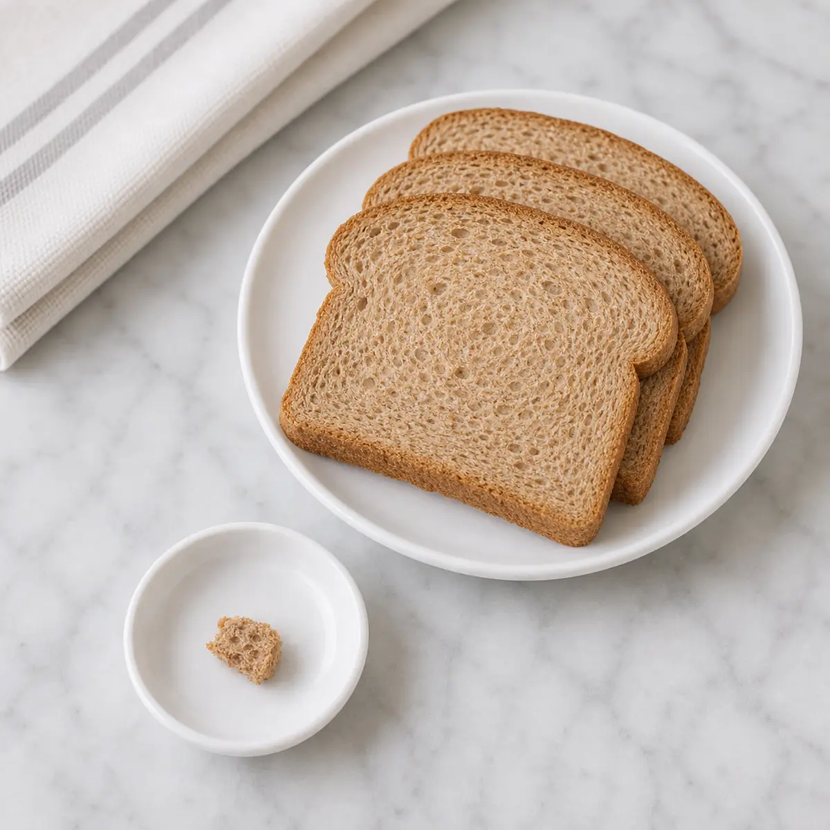 Plain whole wheat bread with one tiny crumb on a saucer