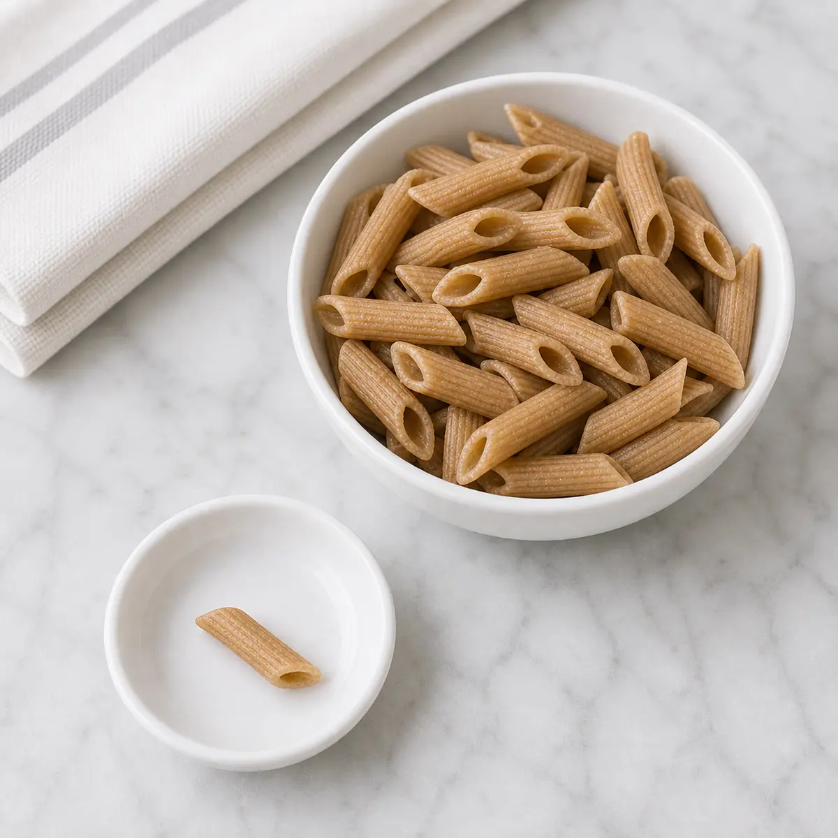 Plain cooked whole wheat pasta with one tiny noodle piece on a saucer