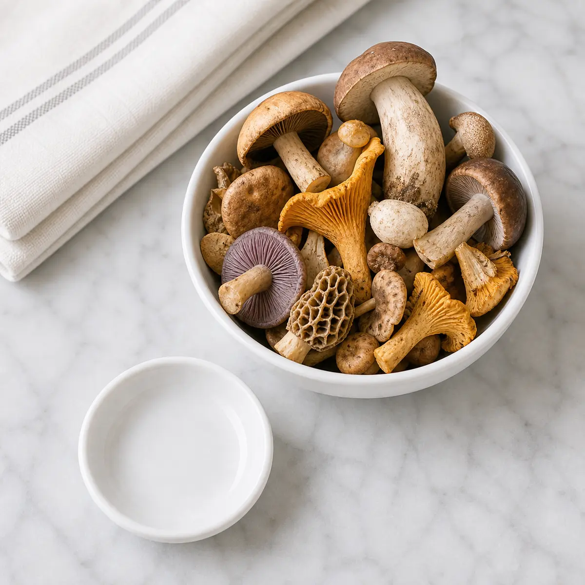 Mixed wild mushrooms beside an empty cat treat saucer
