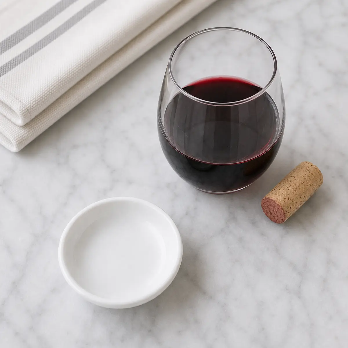 Glass of red wine beside an empty cat treat saucer