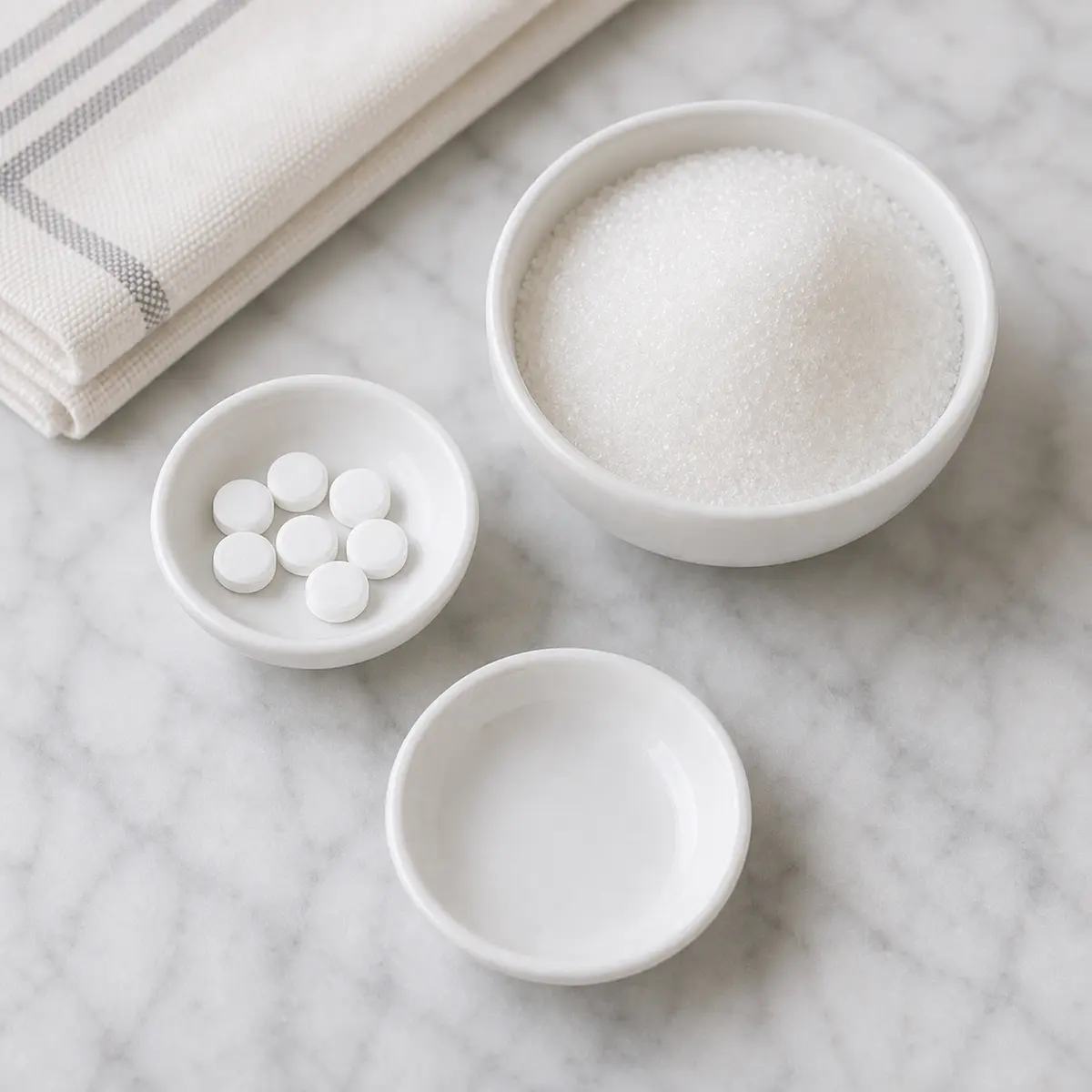 Xylitol sweetener beside an empty cat treat saucer