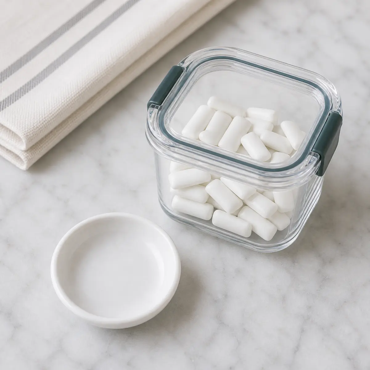 Sugar-free gum secured in a container beside an empty cat treat saucer