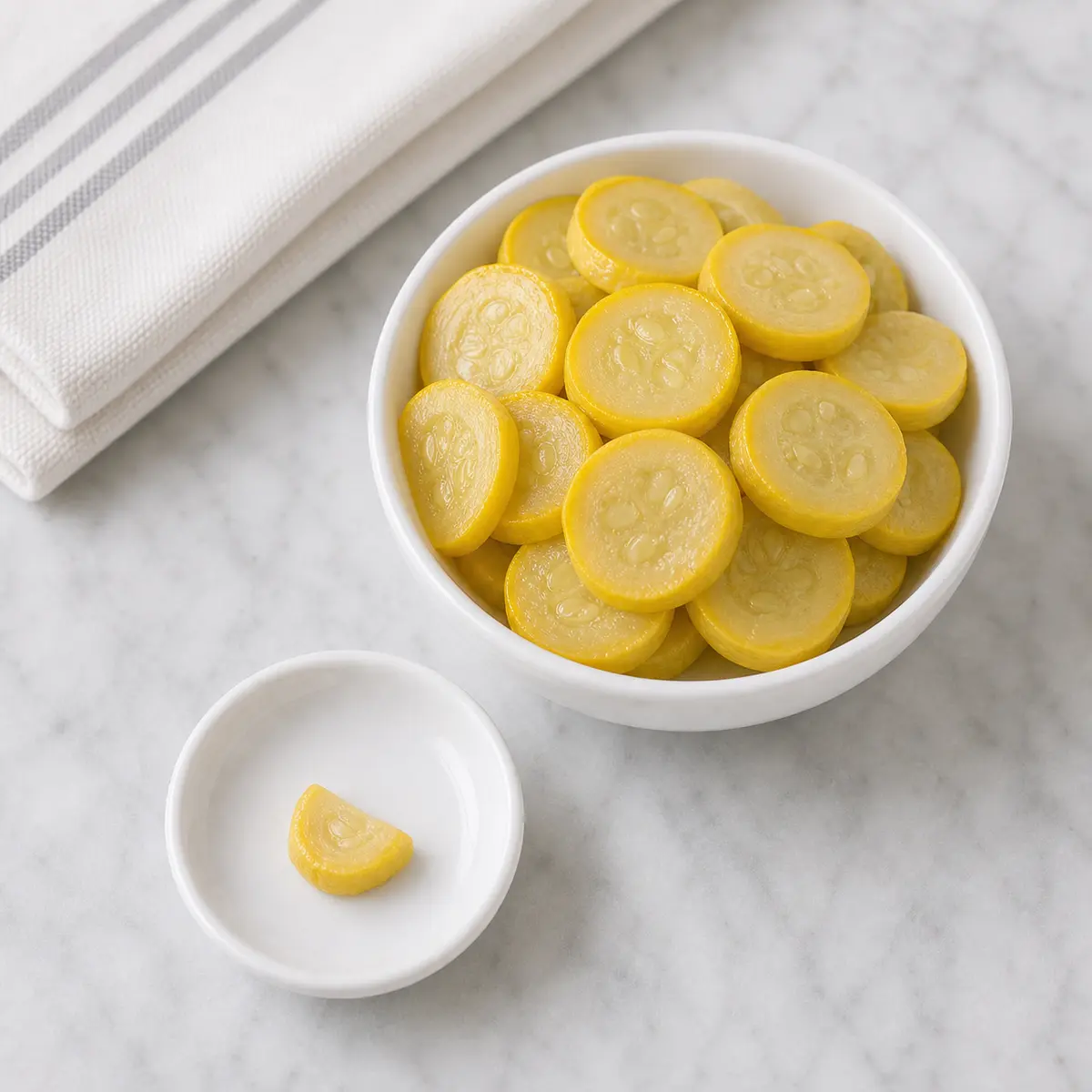 Plain cooked yellow squash with one tiny cat-size piece on a saucer