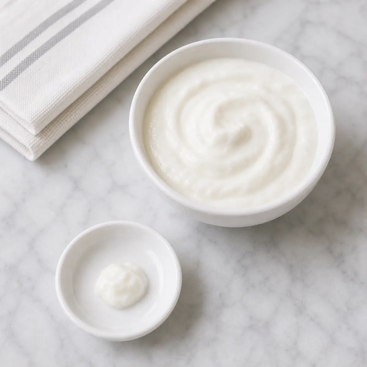 Plain unsweetened yogurt with one tiny spoonful on a saucer