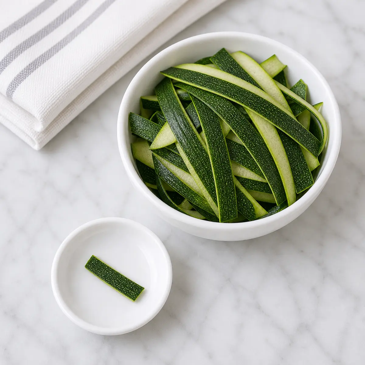 Green zucchini peel strips with one tiny washed strip on a saucer