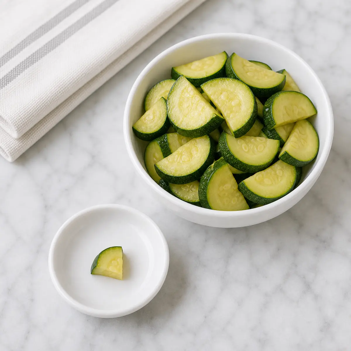 Plain cooked zucchini with one tiny cat-size piece on a saucer