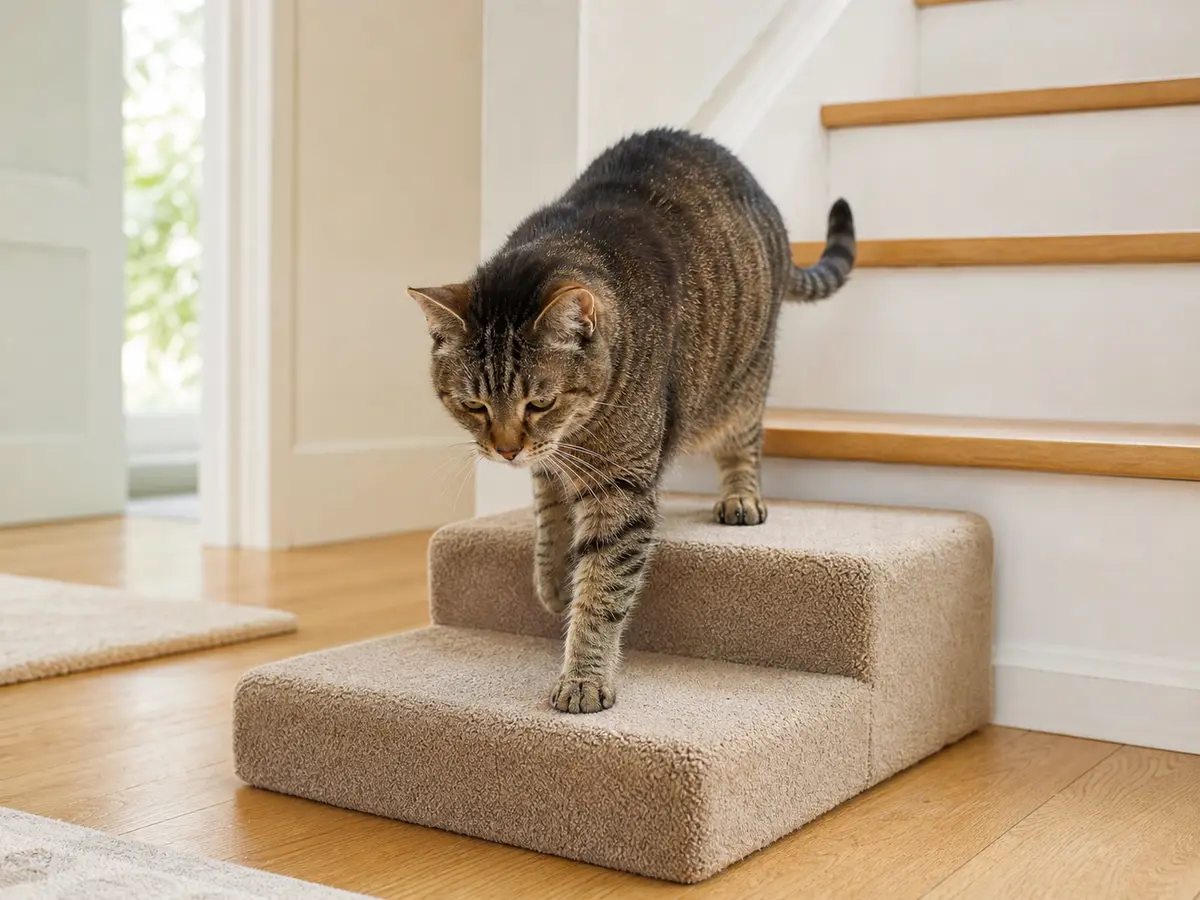 Senior cat using low carpeted steps beside stairs