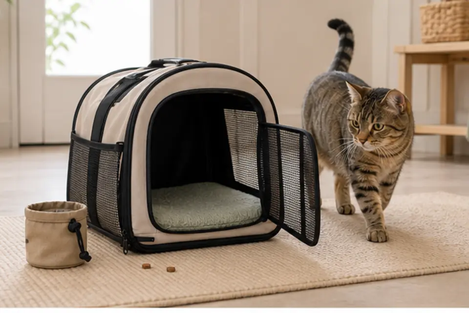 Cat carrier comfort setup for a veterinary appointment