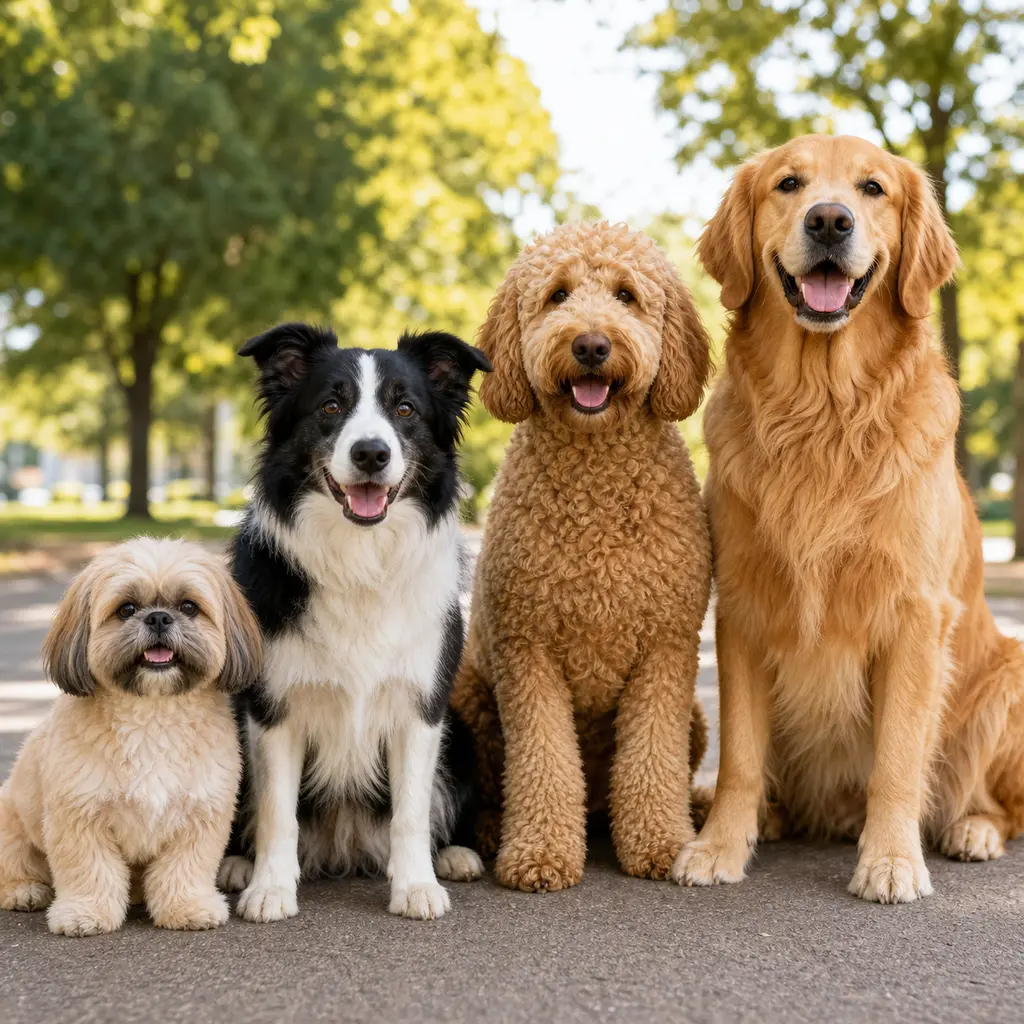 Four different dog breeds sitting together