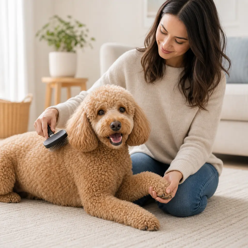 Poodle being gently brushed at home