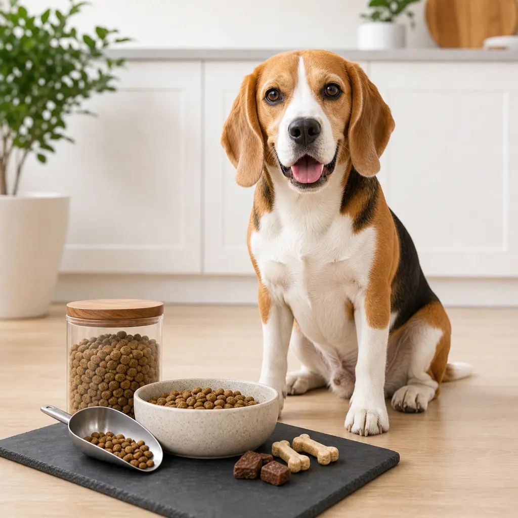 Beagle beside a bowl, measured food, and safe treats