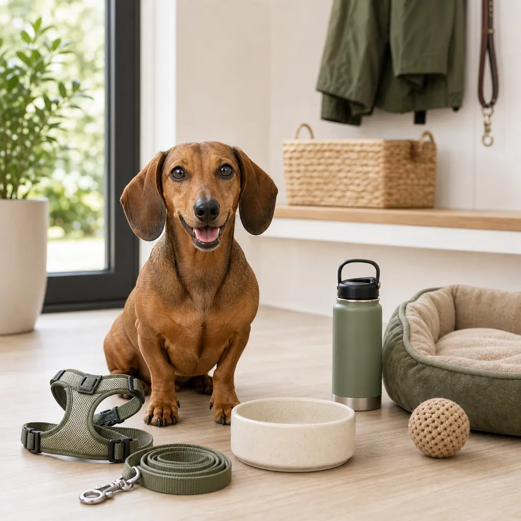 Dachshund sitting beside neatly arranged supplies