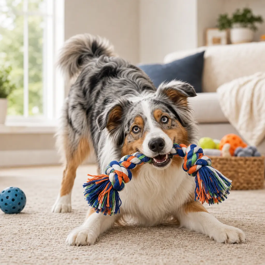 Australian Shepherd playing a focus game in a bright room