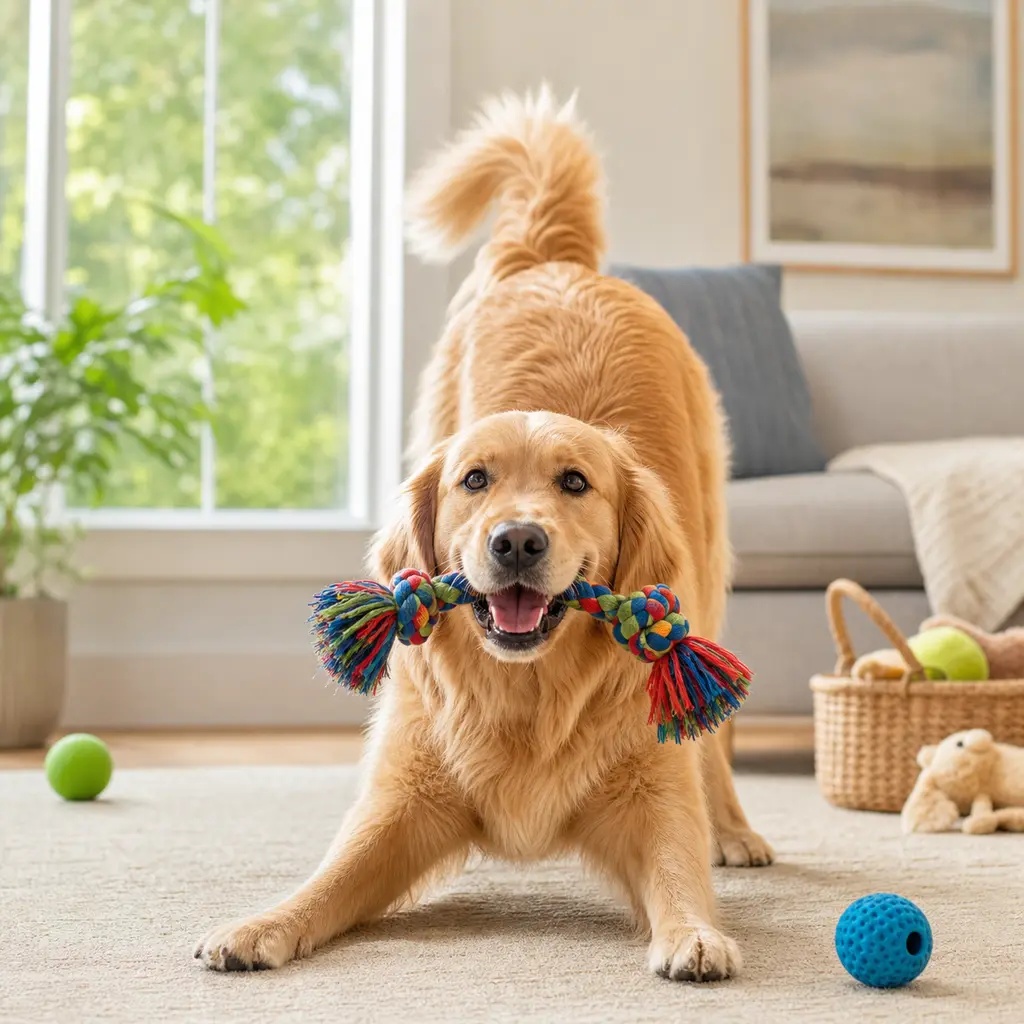 Dog enjoying a quiet enrichment toy at home.