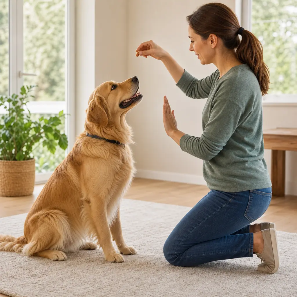 Dog calmly practicing with a person at home.
