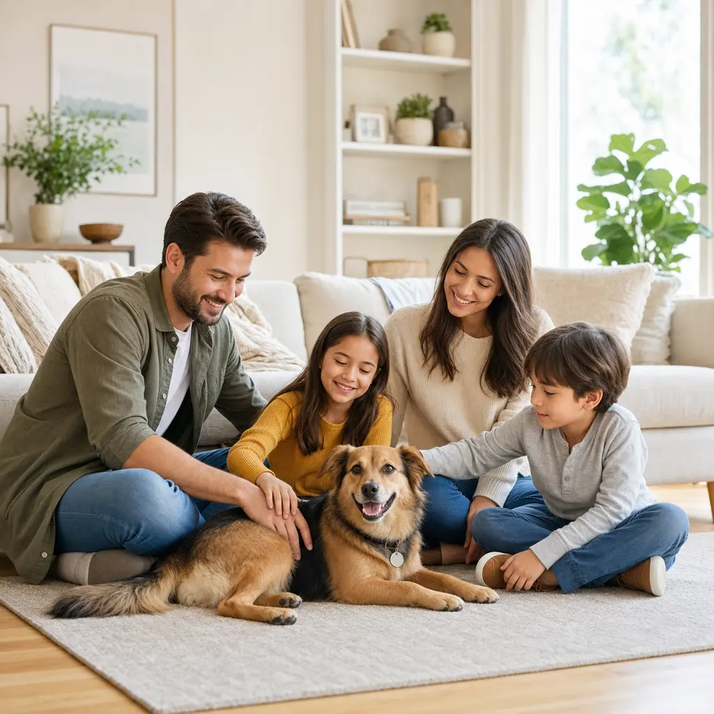 Family relaxing with a happy dog at home