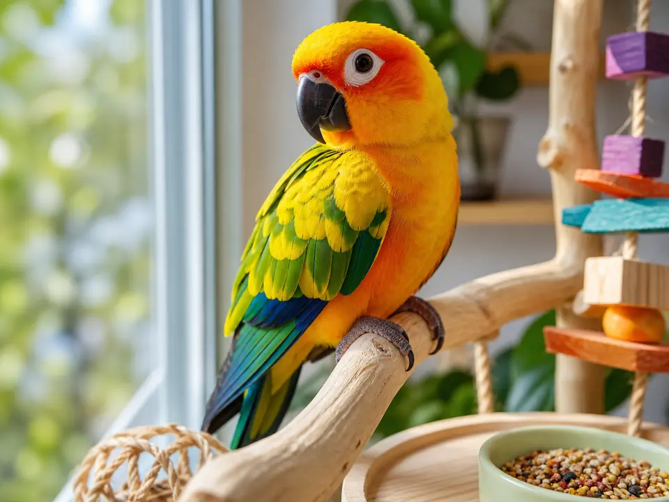 Colorful pet bird on a perch with seed and enrichment toys near a bright window