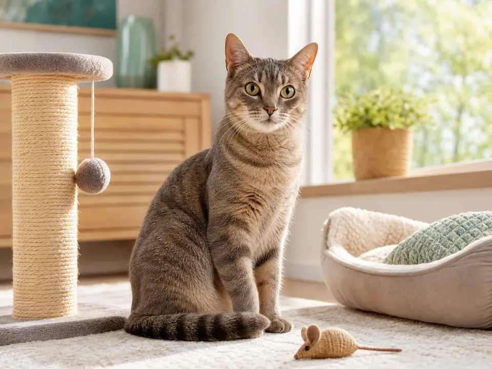 Calm cat beside a scratching post, bed, and toys in a sunny living room