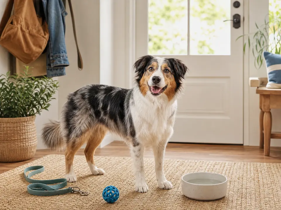 Friendly dog beside a leash, toy, and water bowl in a bright home entryway