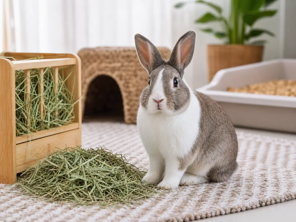 Pet rabbit beside fresh hay in a clean indoor rabbit-safe space