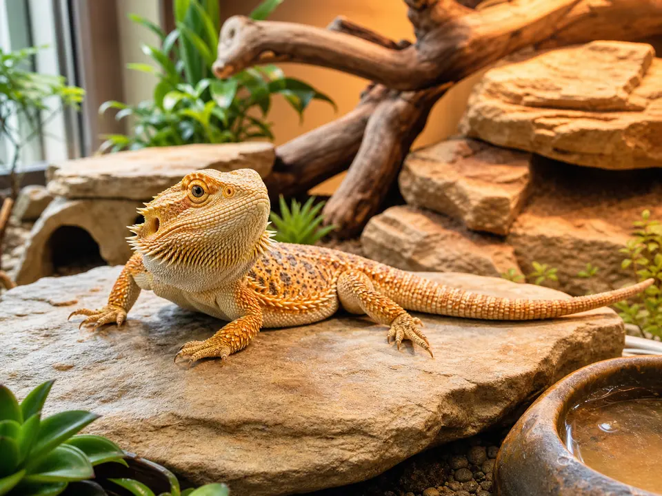 Bearded dragon resting on a rock in a clean terrarium with branches and a water dish