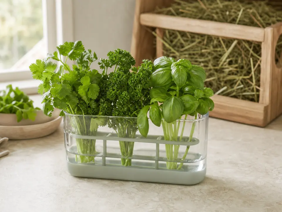 Clear herb keeper holding fresh leafy herbs beside a rabbit hay rack