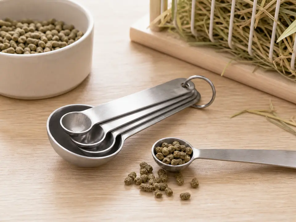 Stainless measuring spoons beside plain rabbit pellets and hay
