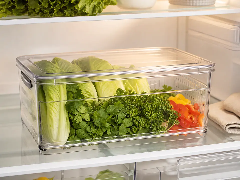 Ventilated produce keeper containing clean leafy greens.