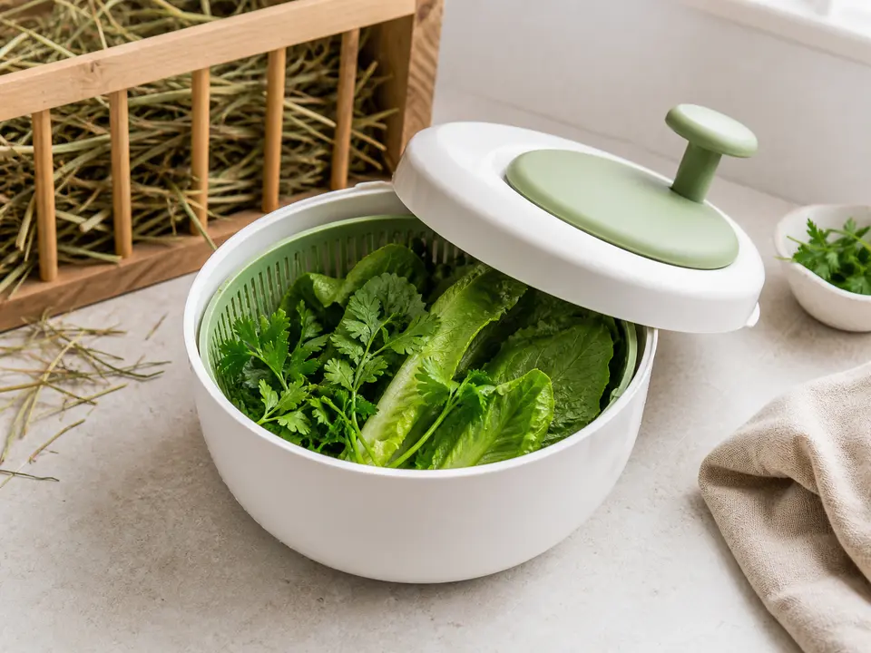 Compact clear salad spinner filled with washed leafy greens.