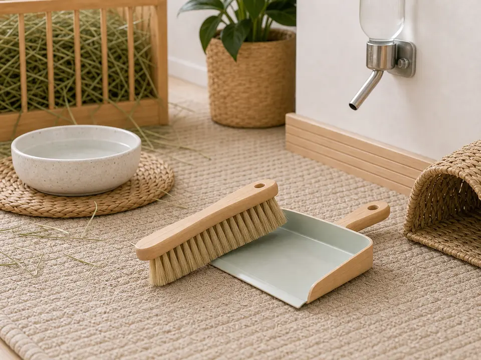 Hand broom and dustpan for a rabbit home