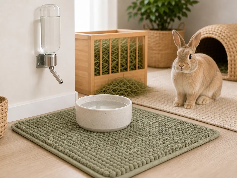 Washable floor mat for a rabbit water station