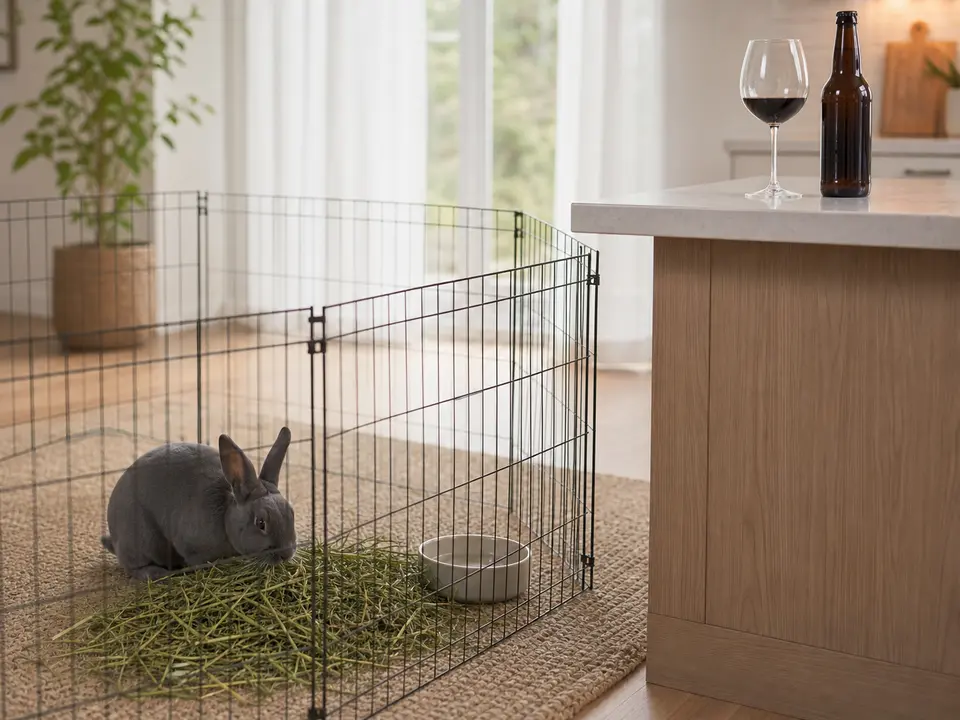 Blue-gray rabbit eating hay inside an exercise pen while wine and beer remain out of reach on a kitchen island