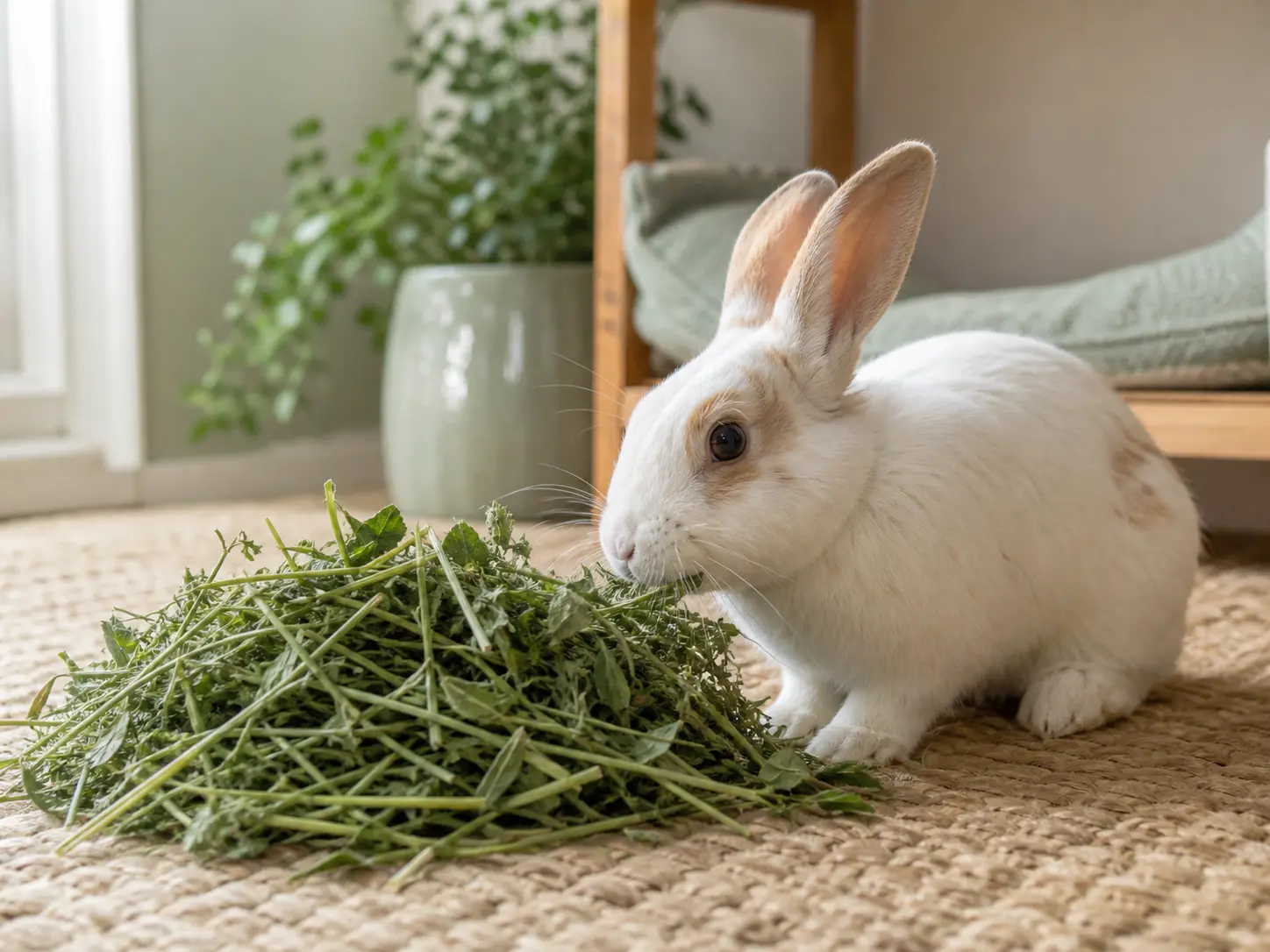 Young white-and-tan rabbit eating a leafy pile of alfalfa hay on a woven mat