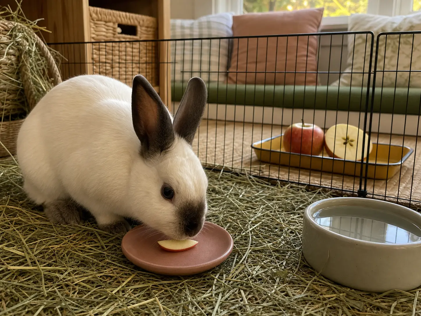 Cream-white Californian rabbit eating one tiny seed-free red-skinned apple sliver beside abundant orchard-grass hay and water, with a whole apple and cut seeded core beyond the pen