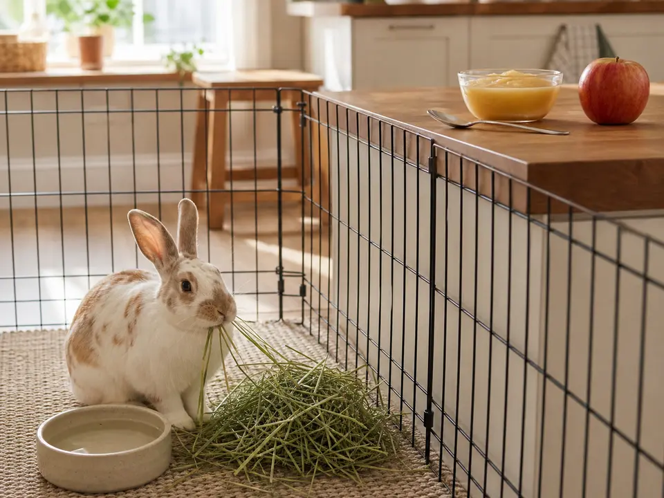 Cream-and-cinnamon rabbit eating hay inside an exercise pen while a bowl of applesauce remains out of reach on a kitchen counter