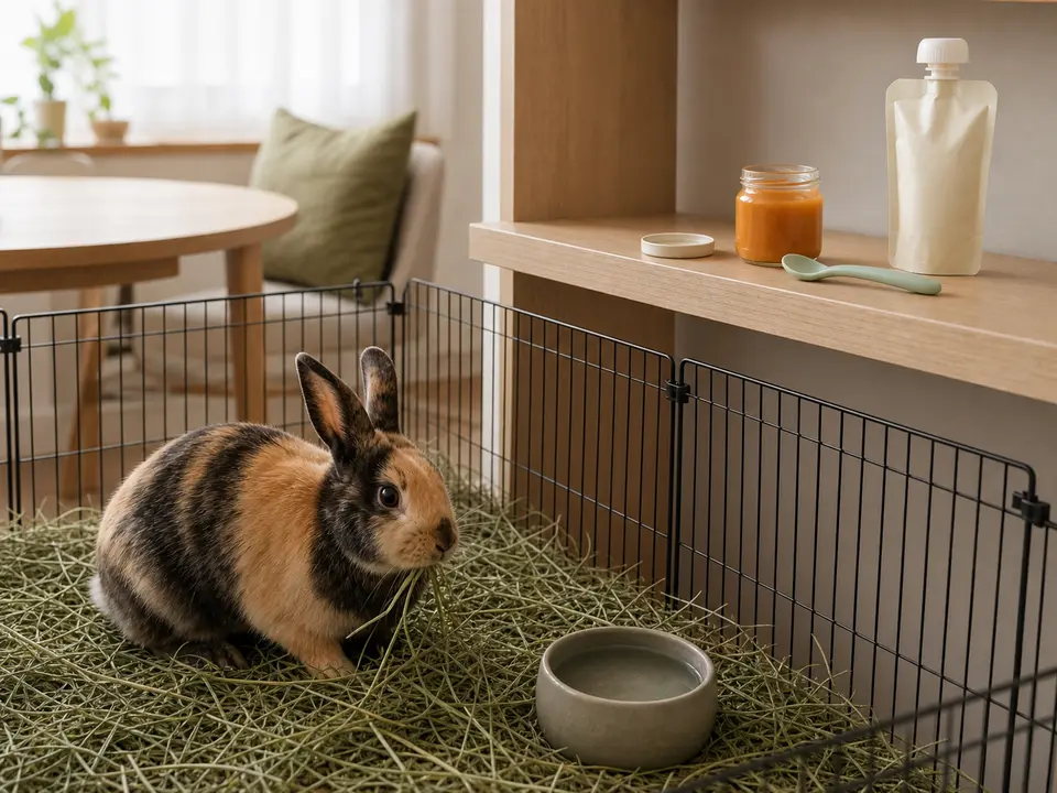 Orange-and-black harlequin rabbit eating hay inside an exercise pen while a baby-food jar and pouch remain out of reach on a raised shelf