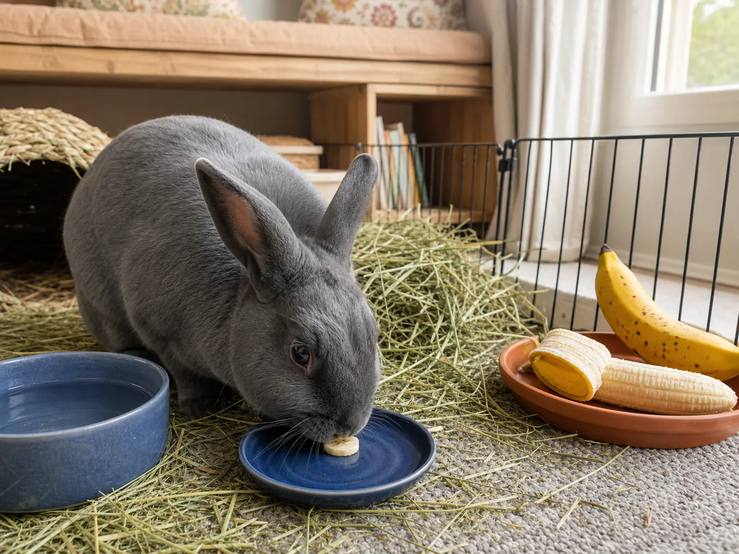 Blue-gray American rabbit eating one tiny ripe banana coin beside abundant meadow hay and water, with a whole and partly peeled banana beyond the pen