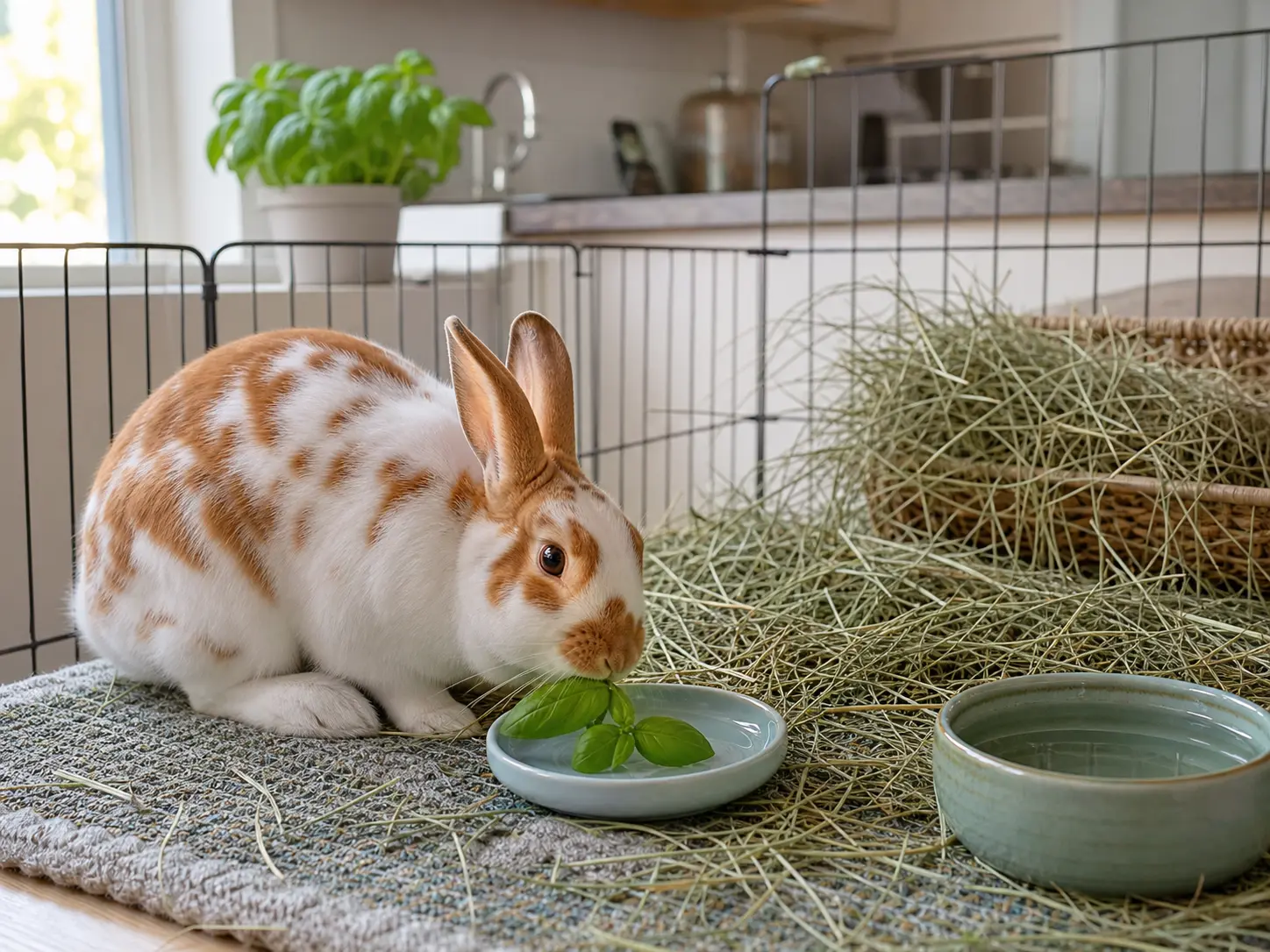 Orange-and-white English Spot rabbit eating one fresh sweet basil sprig beside abundant timothy hay and water, with a potted basil plant beyond the pen
